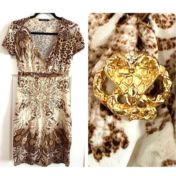 ROBERTO CAVALLI Leopard Floral Animal Snake Print Dress Gold Python Hardware - M - Picture 1 of 11